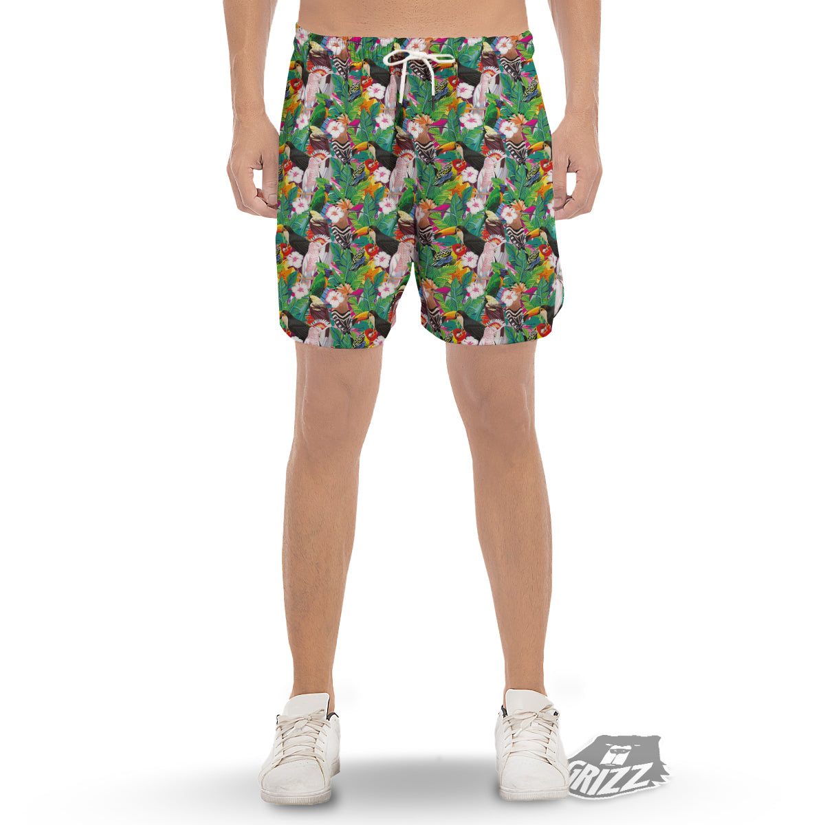 Palm Leaves And Bird Of Paradise Print Men's Gym Shorts-grizzshop