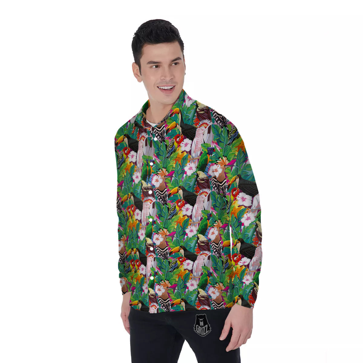 Palm Leaves And Bird Of Paradise Print Men's Long Sleeve Shirts-grizzshop