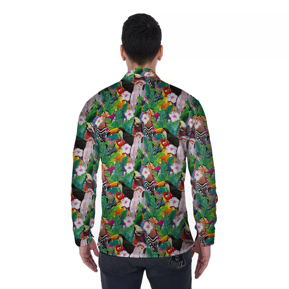 Palm Leaves And Bird Of Paradise Print Men's Long Sleeve Shirts-grizzshop