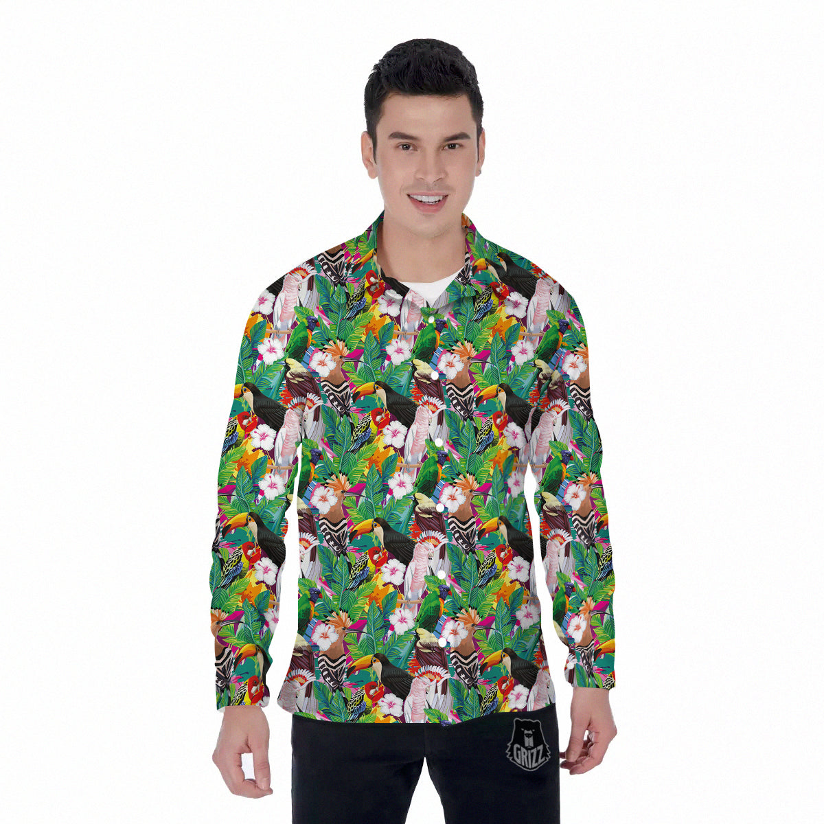 Palm Leaves And Bird Of Paradise Print Men's Long Sleeve Shirts-grizzshop