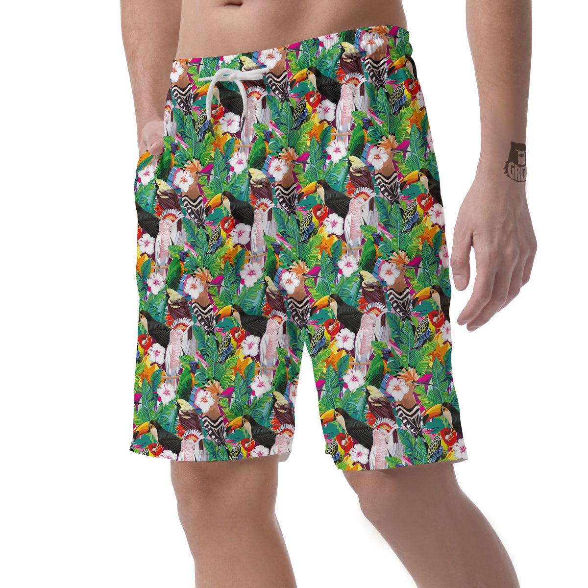 Palm Leaves And Bird Of Paradise Print Men's Shorts-grizzshop