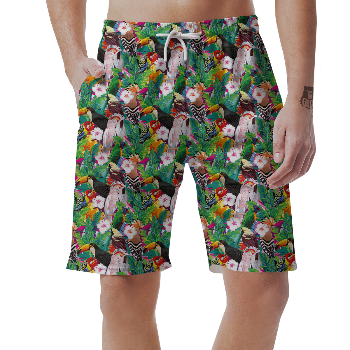 Palm Leaves And Bird Of Paradise Print Men's Shorts-grizzshop