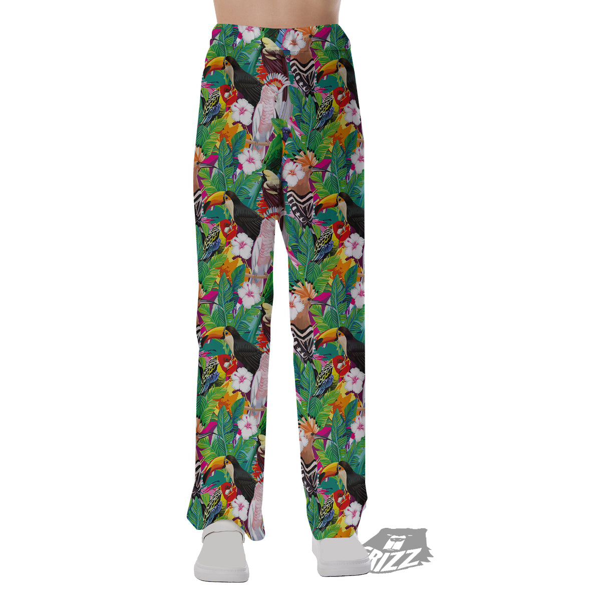 Palm Leaves And Bird Of Paradise Print Pajama Pants-grizzshop