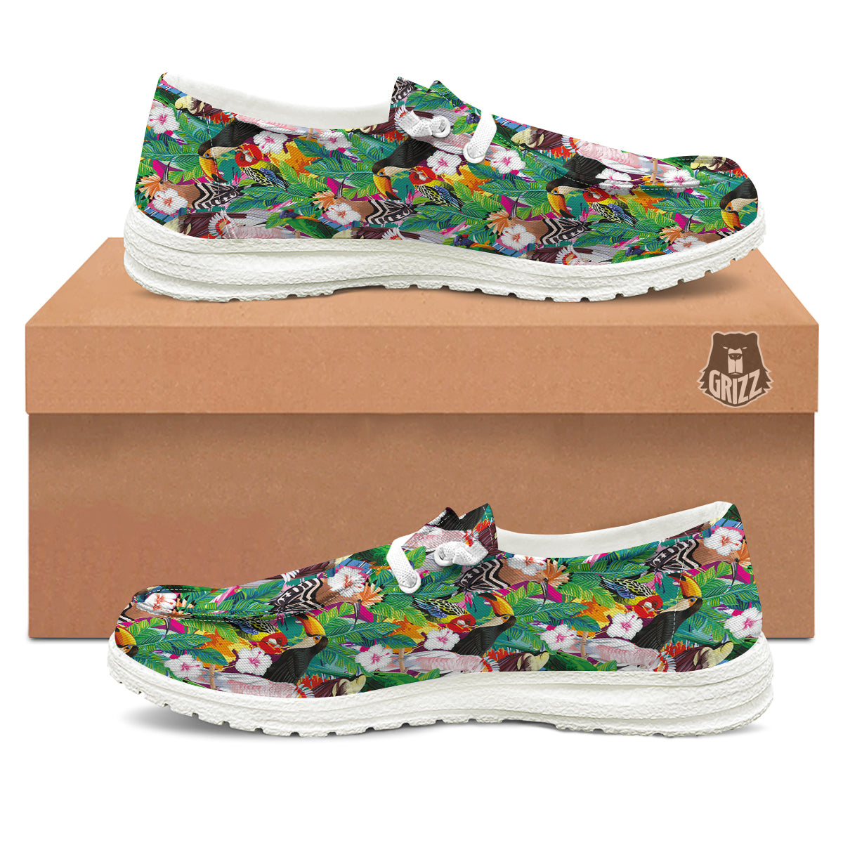 Palm Leaves And Bird Of Paradise Print White Loafers-grizzshop
