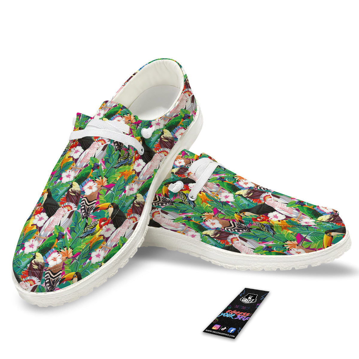 Palm Leaves And Bird Of Paradise Print White Loafers-grizzshop