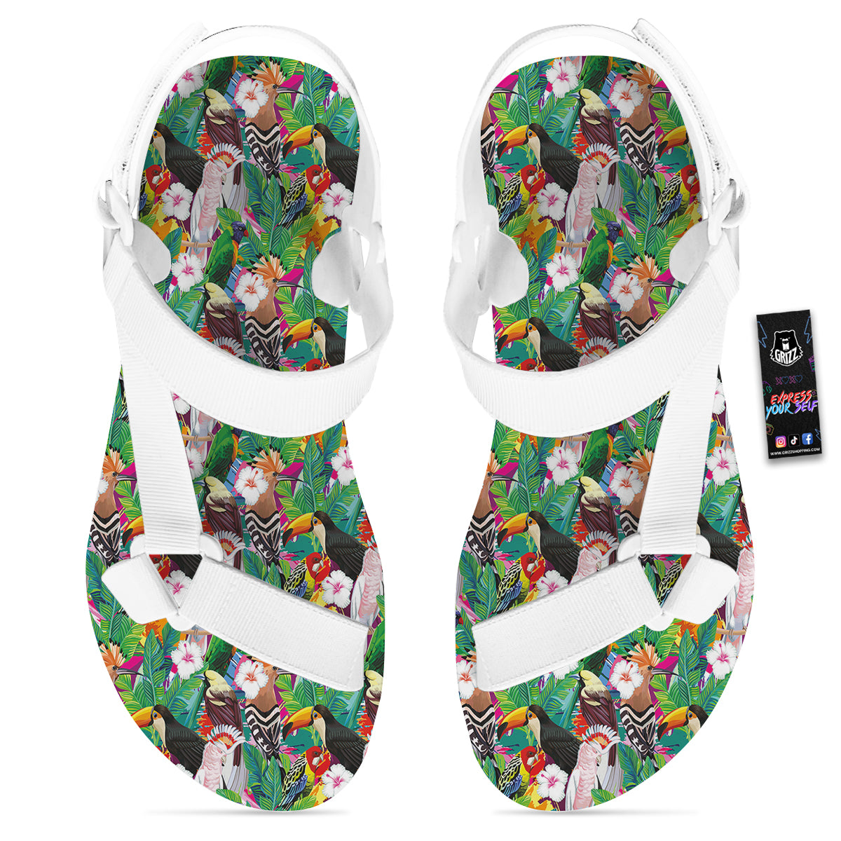 Palm Leaves And Bird Of Paradise Print White Open Toe Sandals-grizzshop