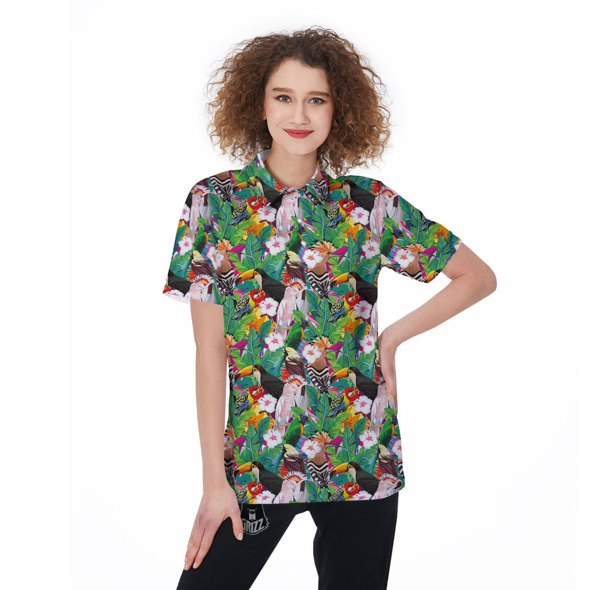 Palm Leaves And Bird Of Paradise Print Women's Golf Shirts-grizzshop