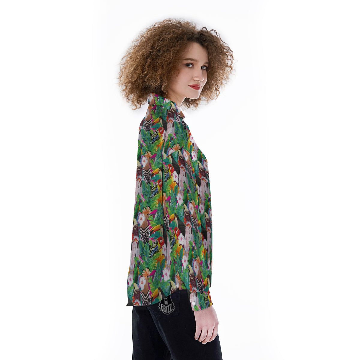 Palm Leaves And Bird Of Paradise Print Women's Long Sleeve Shirts-grizzshop
