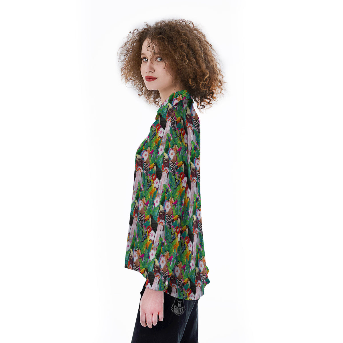 Palm Leaves And Bird Of Paradise Print Women's Long Sleeve Shirts-grizzshop
