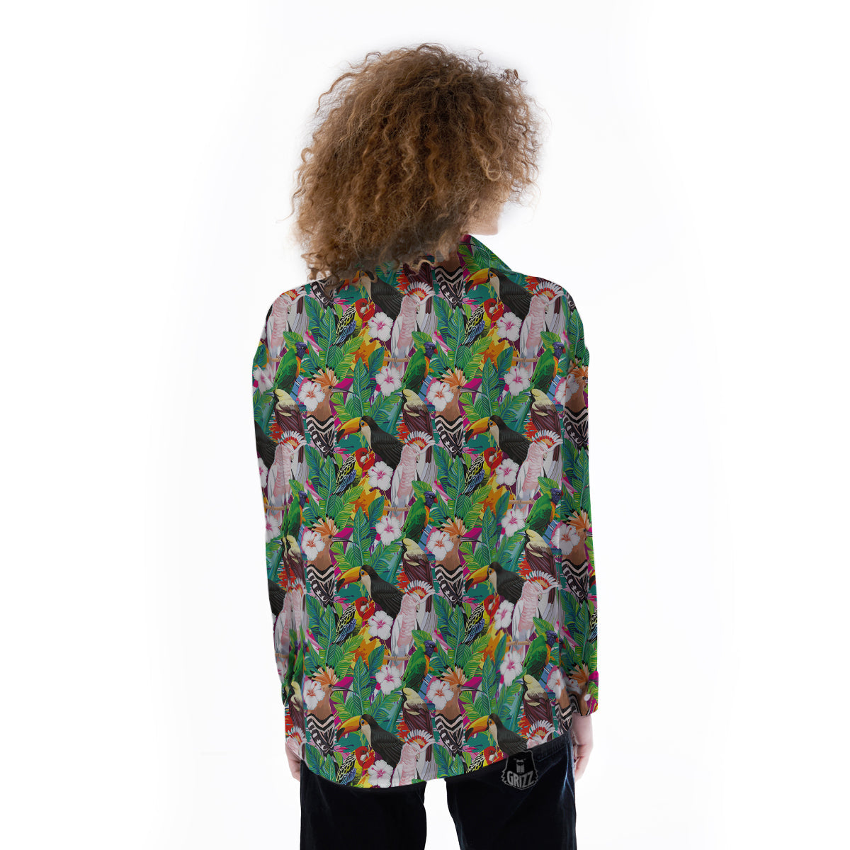 Palm Leaves And Bird Of Paradise Print Women's Long Sleeve Shirts-grizzshop