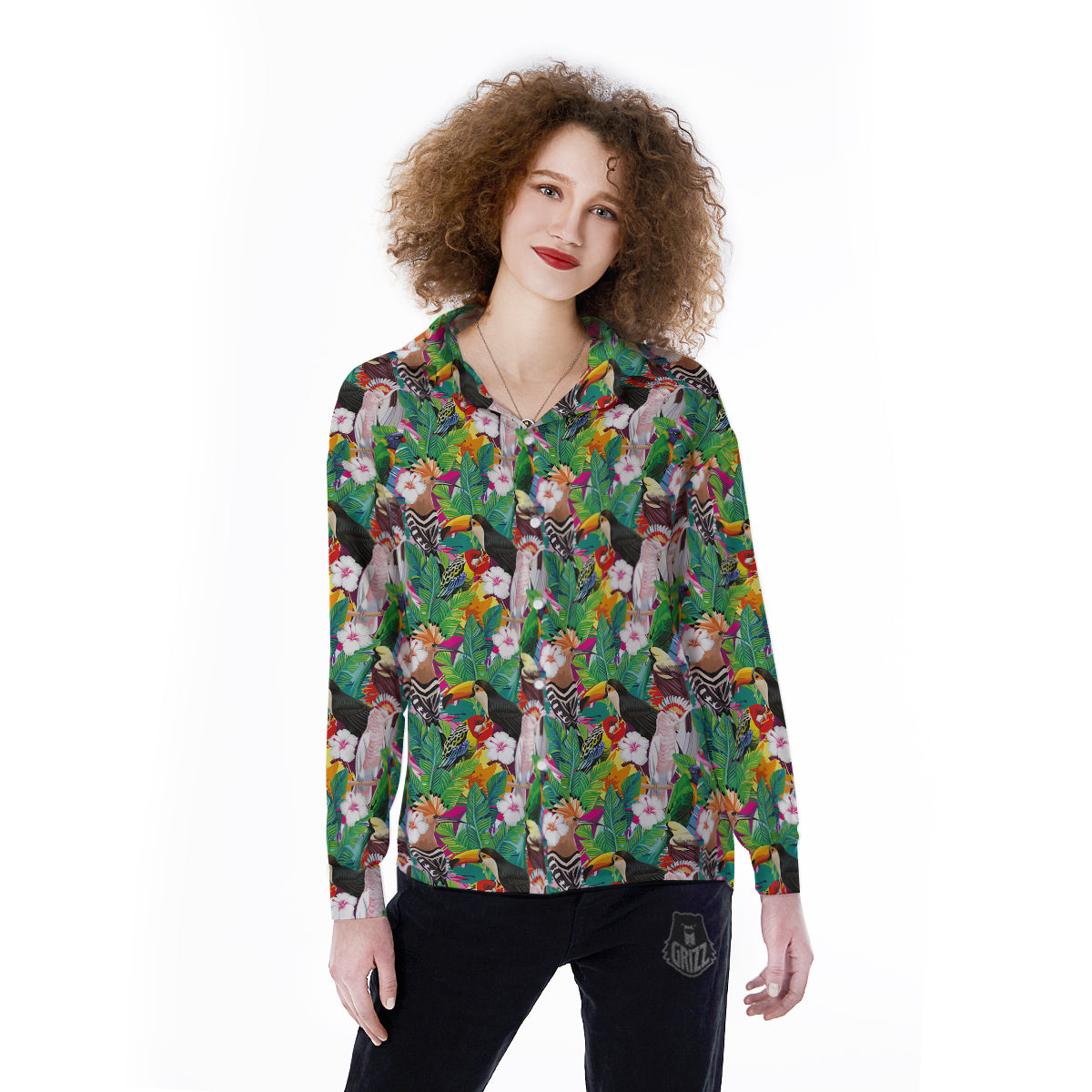 Palm Leaves And Bird Of Paradise Print Women's Long Sleeve Shirts-grizzshop