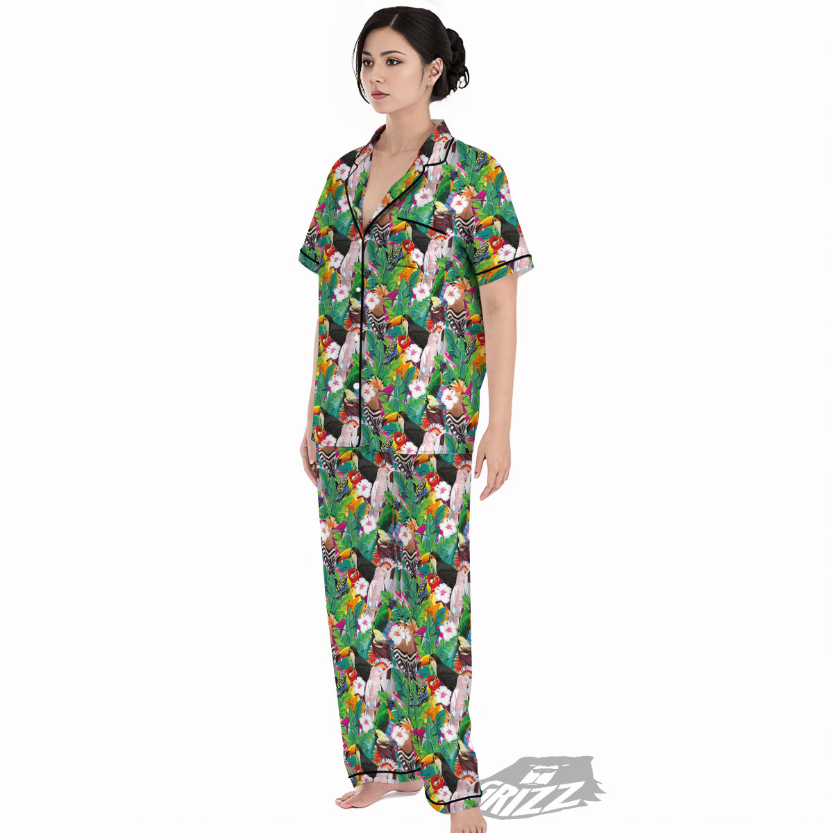 Palm Leaves And Bird Of Paradise Print Women's Pajamas Set-grizzshop