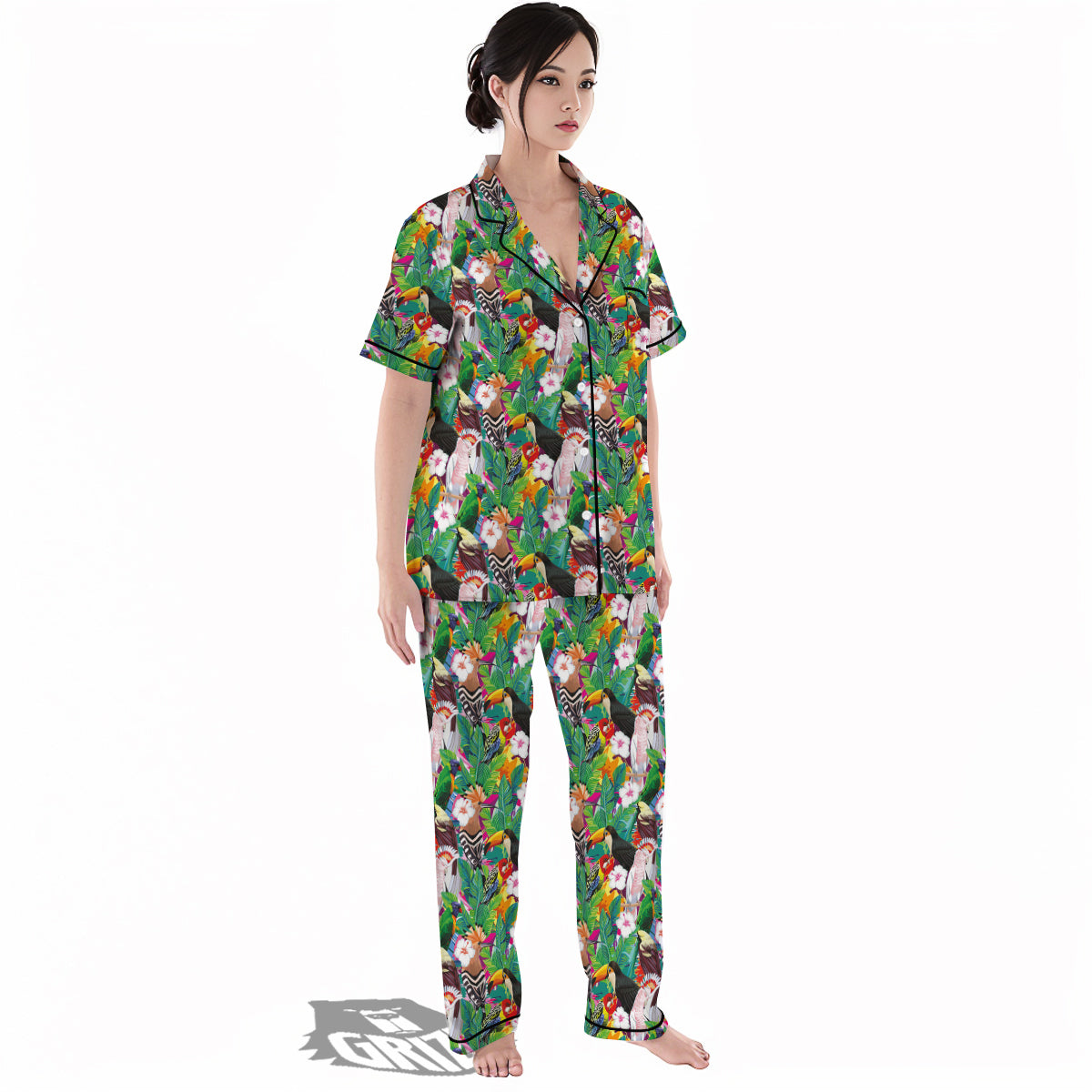 Palm Leaves And Bird Of Paradise Print Women's Pajamas Set-grizzshop