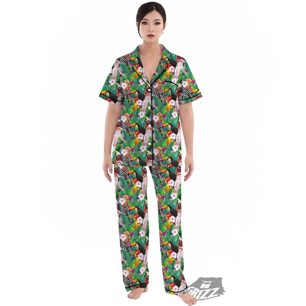 Palm Leaves And Bird Of Paradise Print Women's Pajamas Set-grizzshop