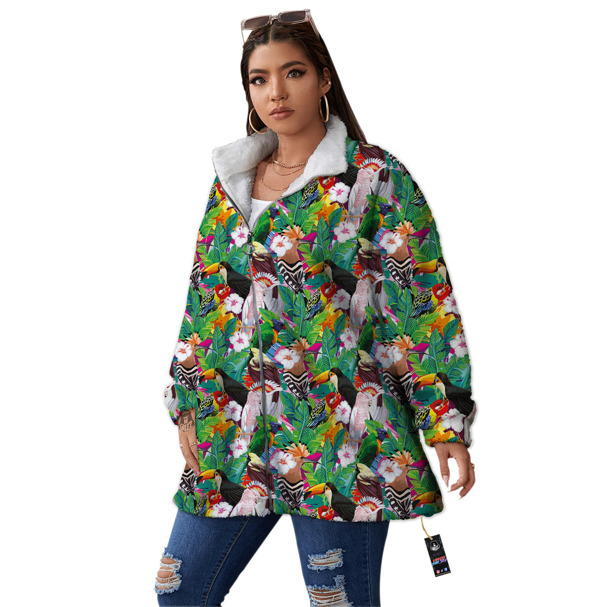 Palm Leaves And Bird Of Paradise Print Women's Sherpa Jacket-grizzshop