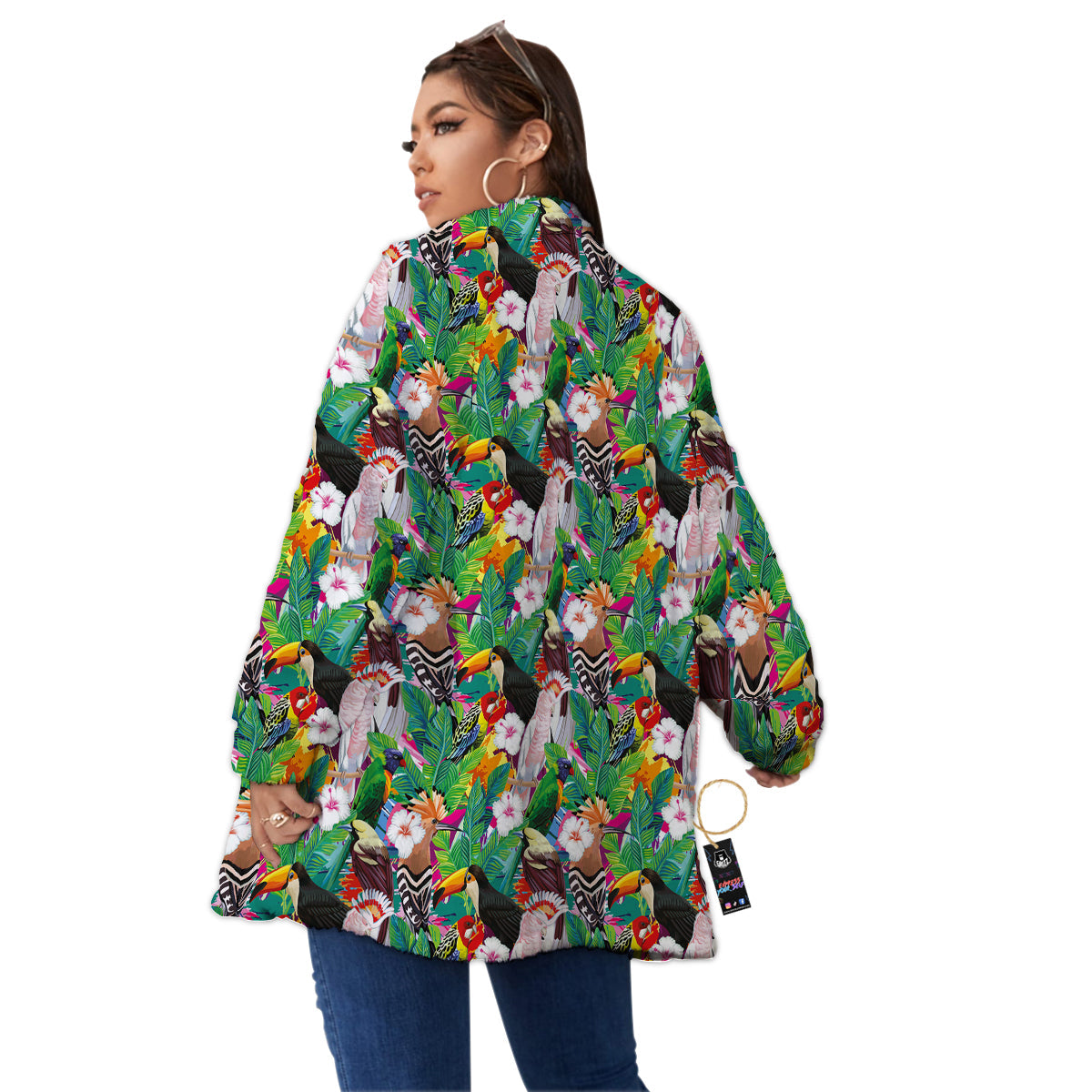 Palm Leaves And Bird Of Paradise Print Women's Sherpa Jacket-grizzshop