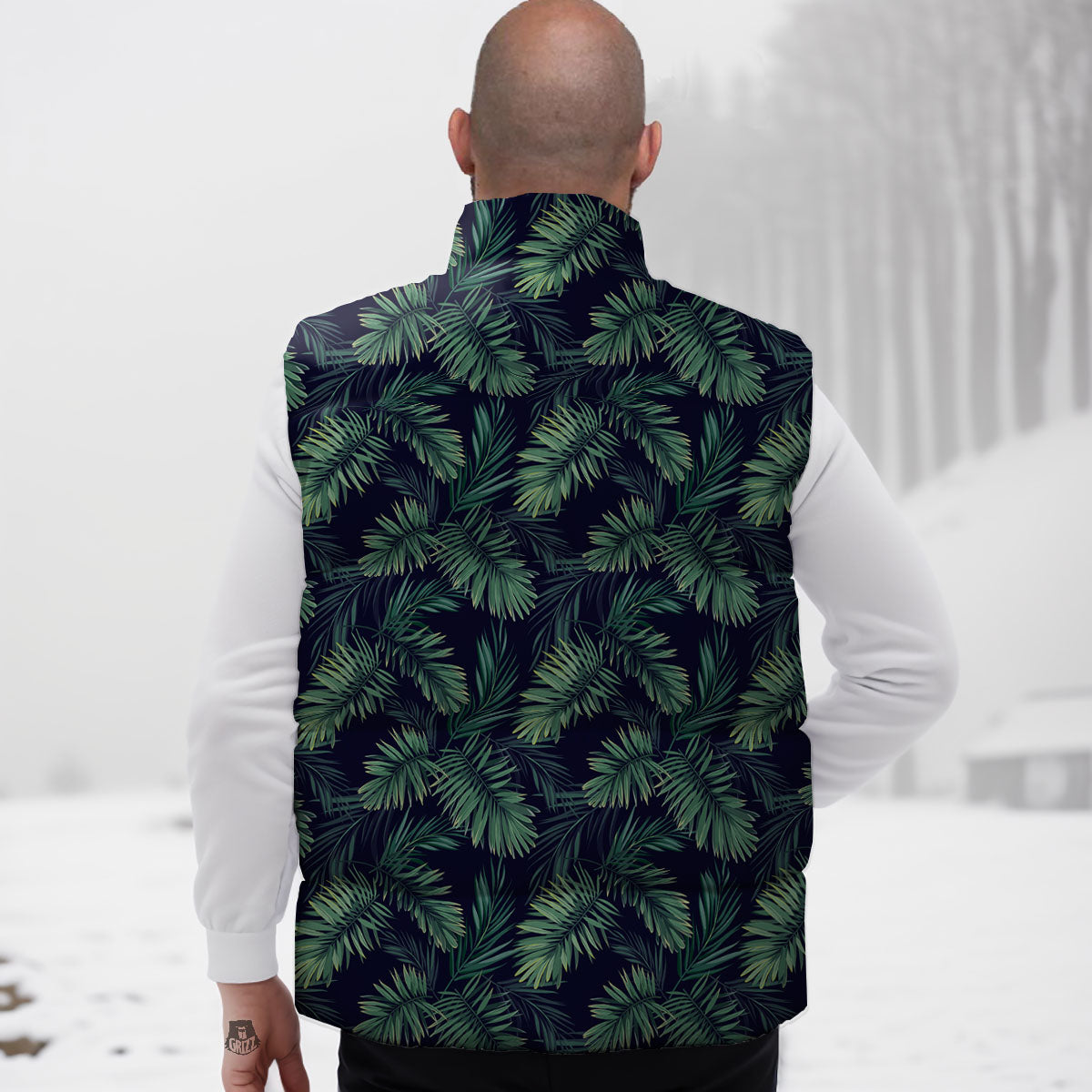 Palm Leaves Dark Tropical Print Pattern Down Vest-grizzshop