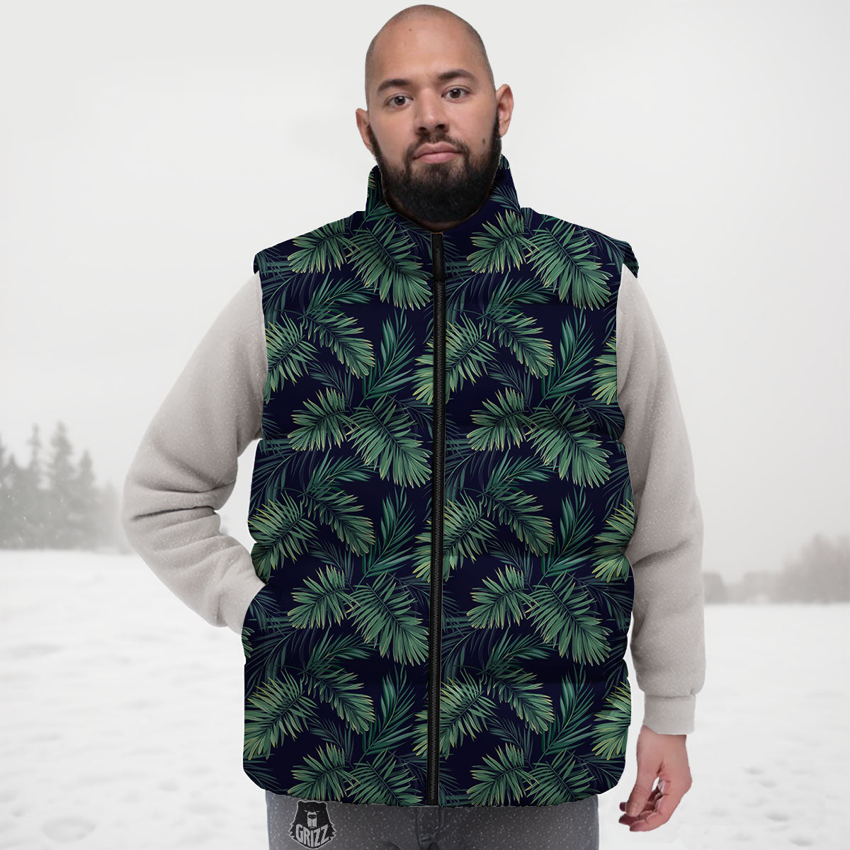 Palm Leaves Dark Tropical Print Pattern Down Vest-grizzshop
