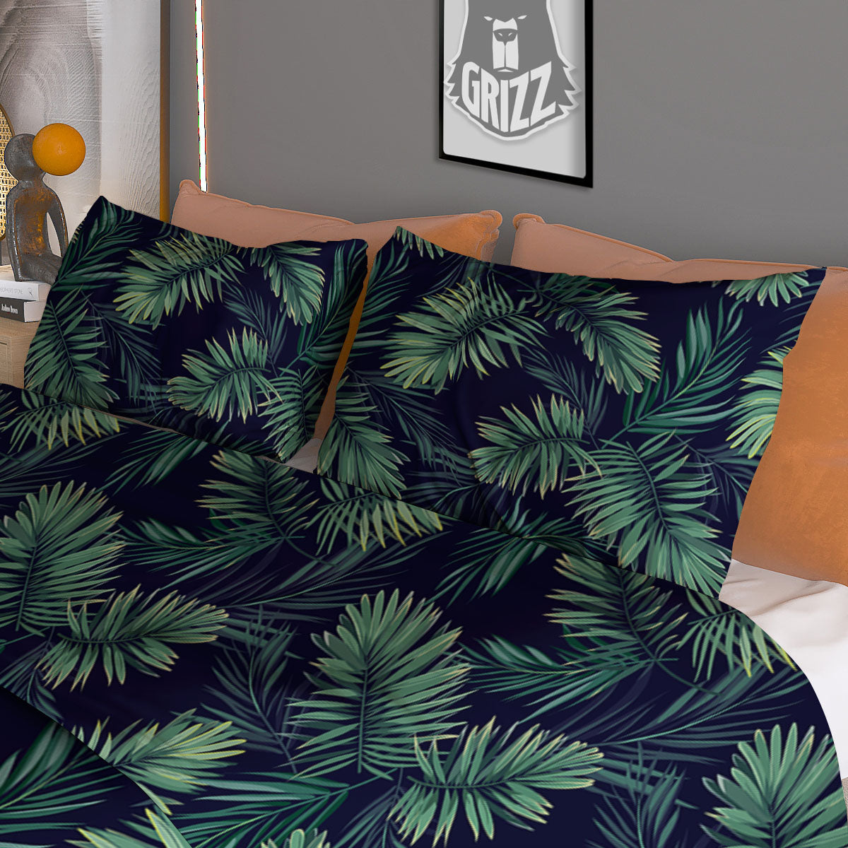 Palm Leaves Dark Tropical Print Pattern Duvet Cover Bedding Set-grizzshop