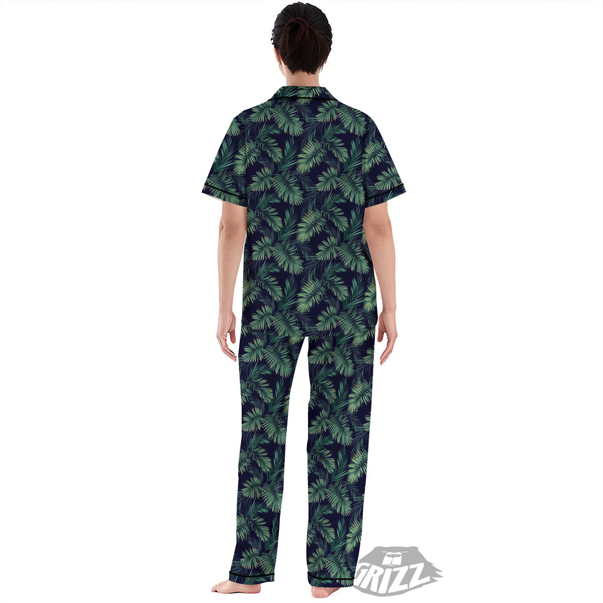 Palm Leaves Dark Tropical Print Pattern Women's Pajamas Set-grizzshop