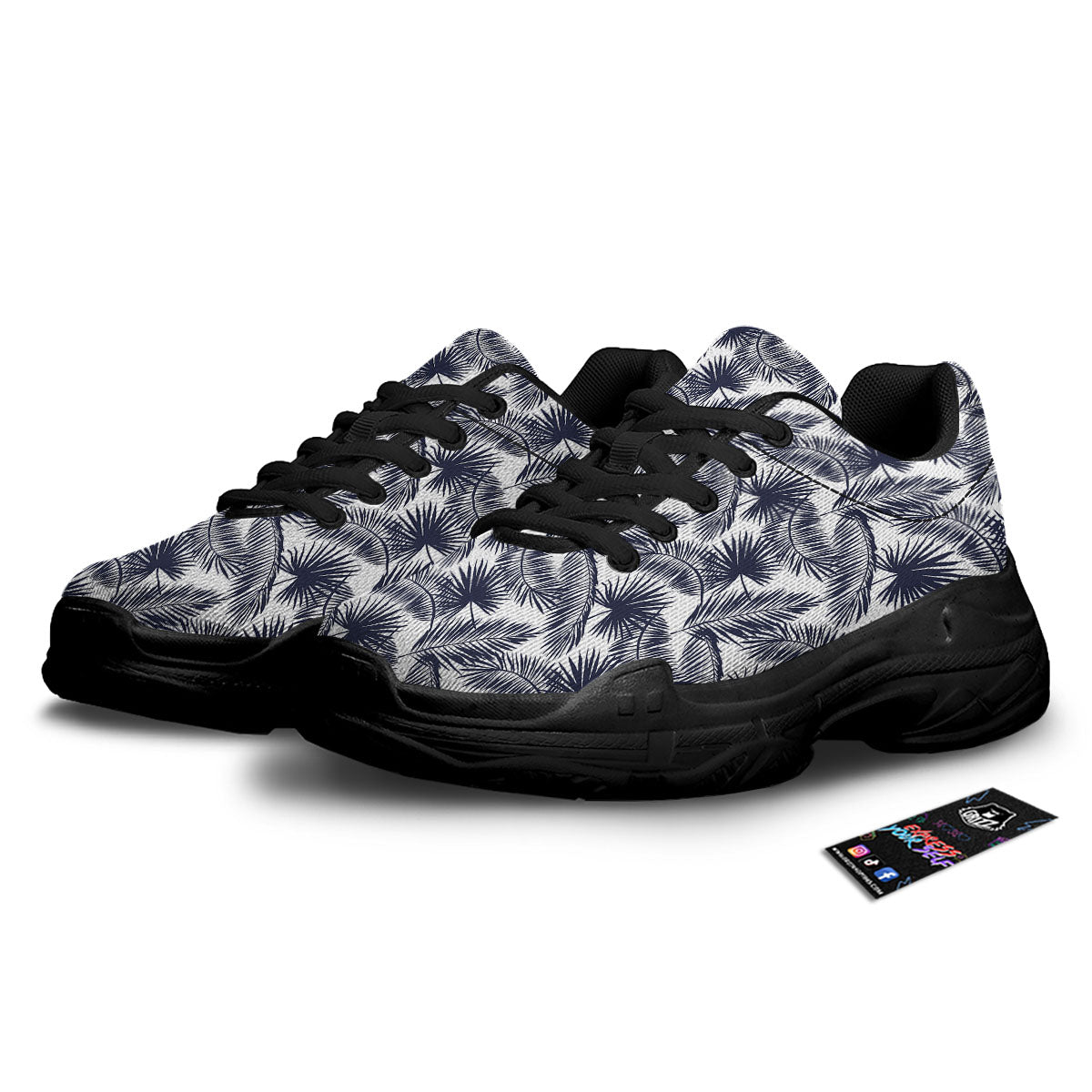 Palm Leaves White And Black Print Black Chunky Shoes-grizzshop