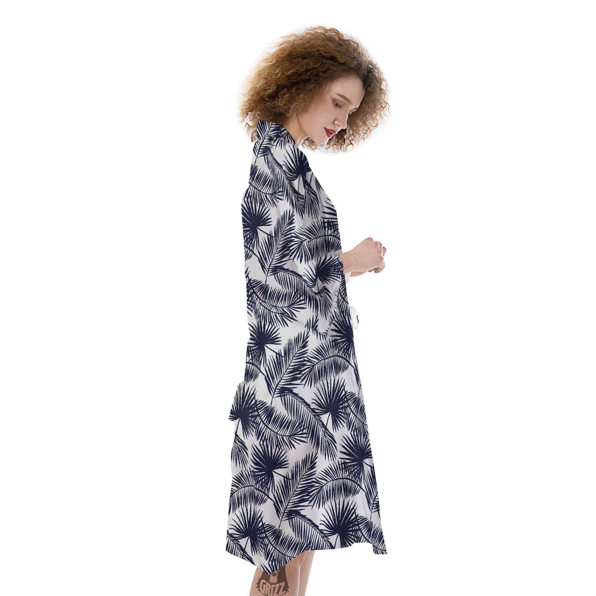Palm Leaves White And Black Print Kimono-grizzshop