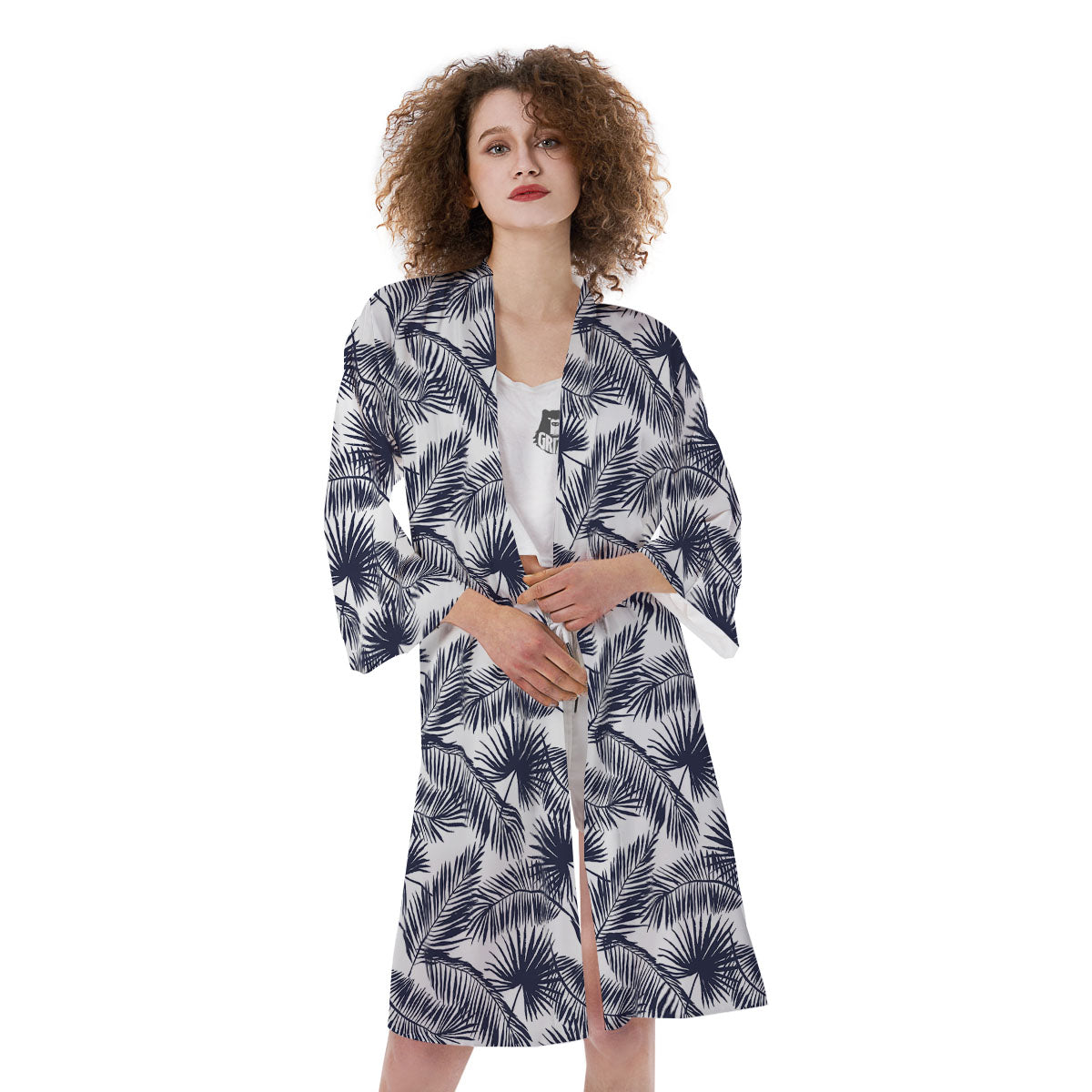 Palm Leaves White And Black Print Kimono-grizzshop