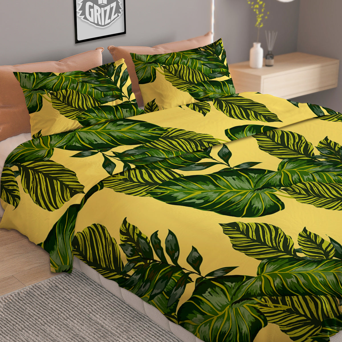 Palm Leaves Yellow Hawaiian Print Pattern Duvet Cover Bedding Set