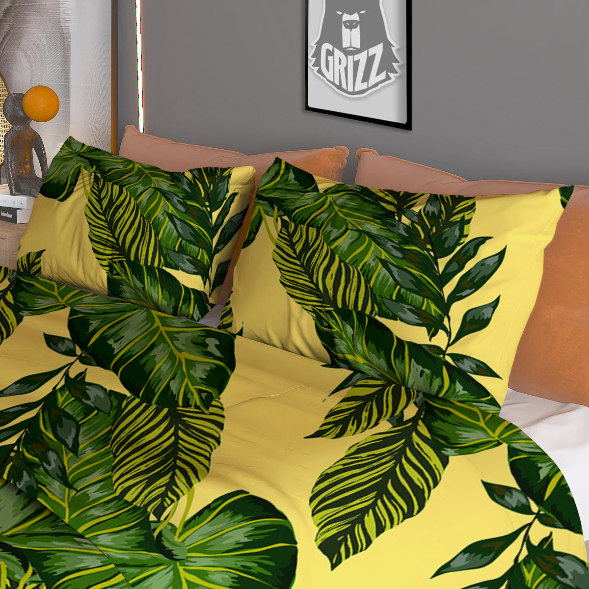 Palm Leaves Yellow Hawaiian Print Pattern Duvet Cover Bedding Set