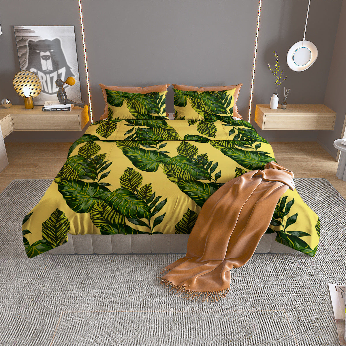 Palm Leaves Yellow Hawaiian Print Pattern Duvet Cover Bedding Set