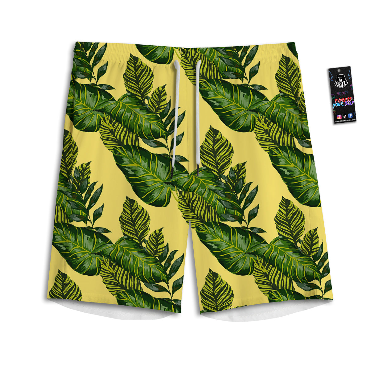 Palm Leaves Yellow Hawaiian Print Pattern Men's Athletic Shorts
