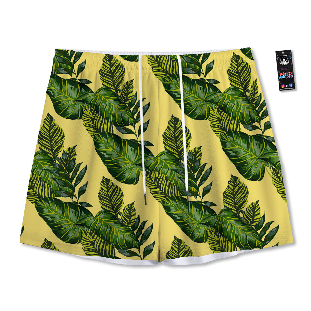 Palm Leaves Yellow Hawaiian Print Pattern Mesh Shorts