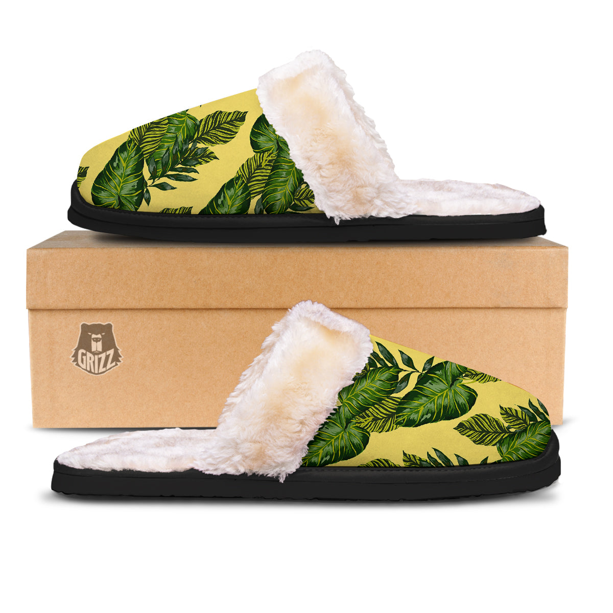 Palm Leaves Yellow Hawaiian Print Pattern Slippers-grizzshop