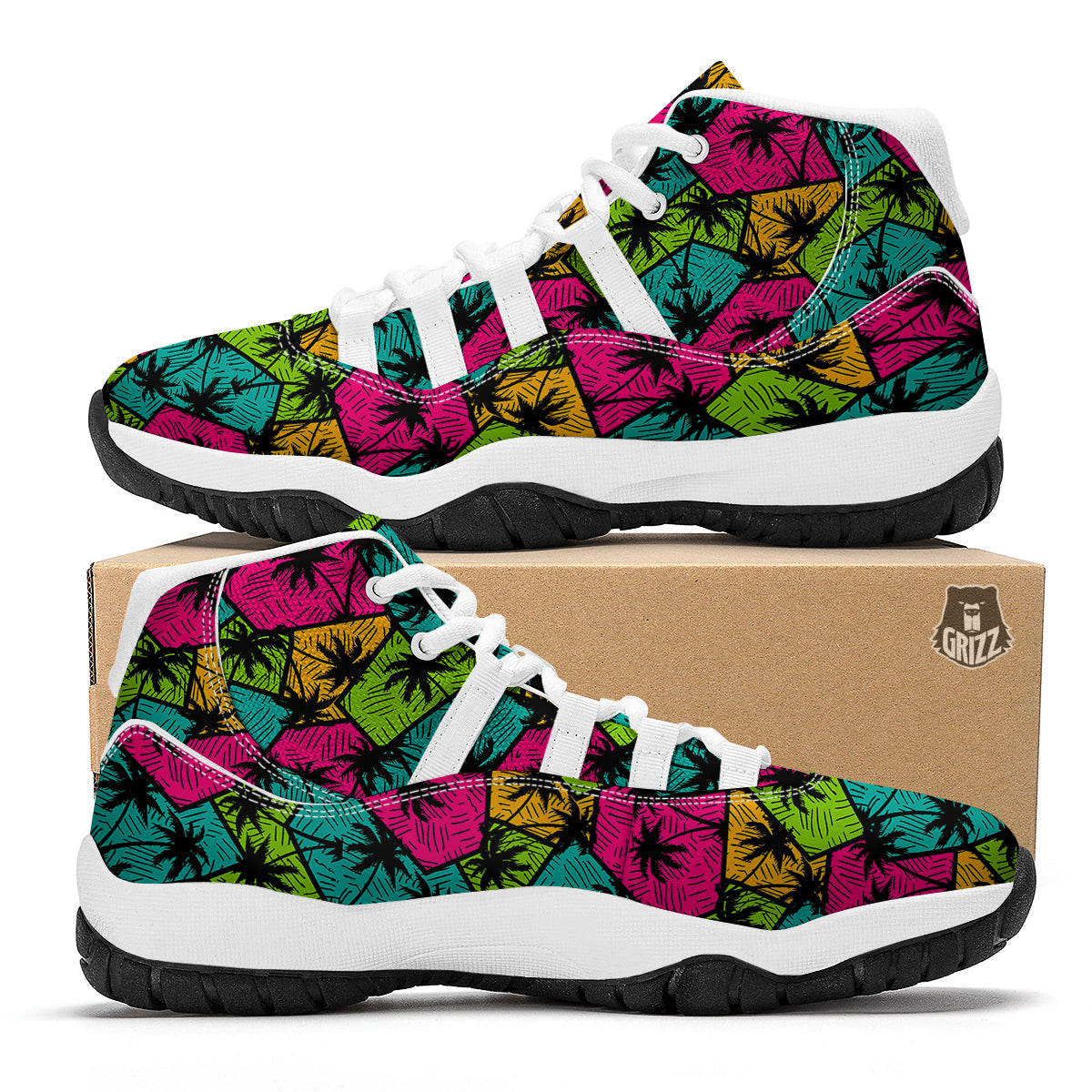 Palm Tree Beach Pattern Print White Bball Shoes-grizzshop