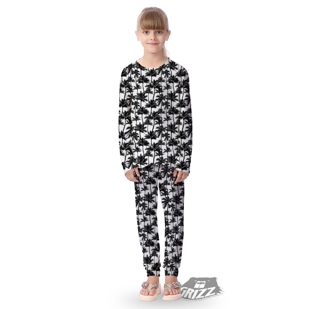 Palm Tree Black White Print Pattern Kid's Pajamas-grizzshop