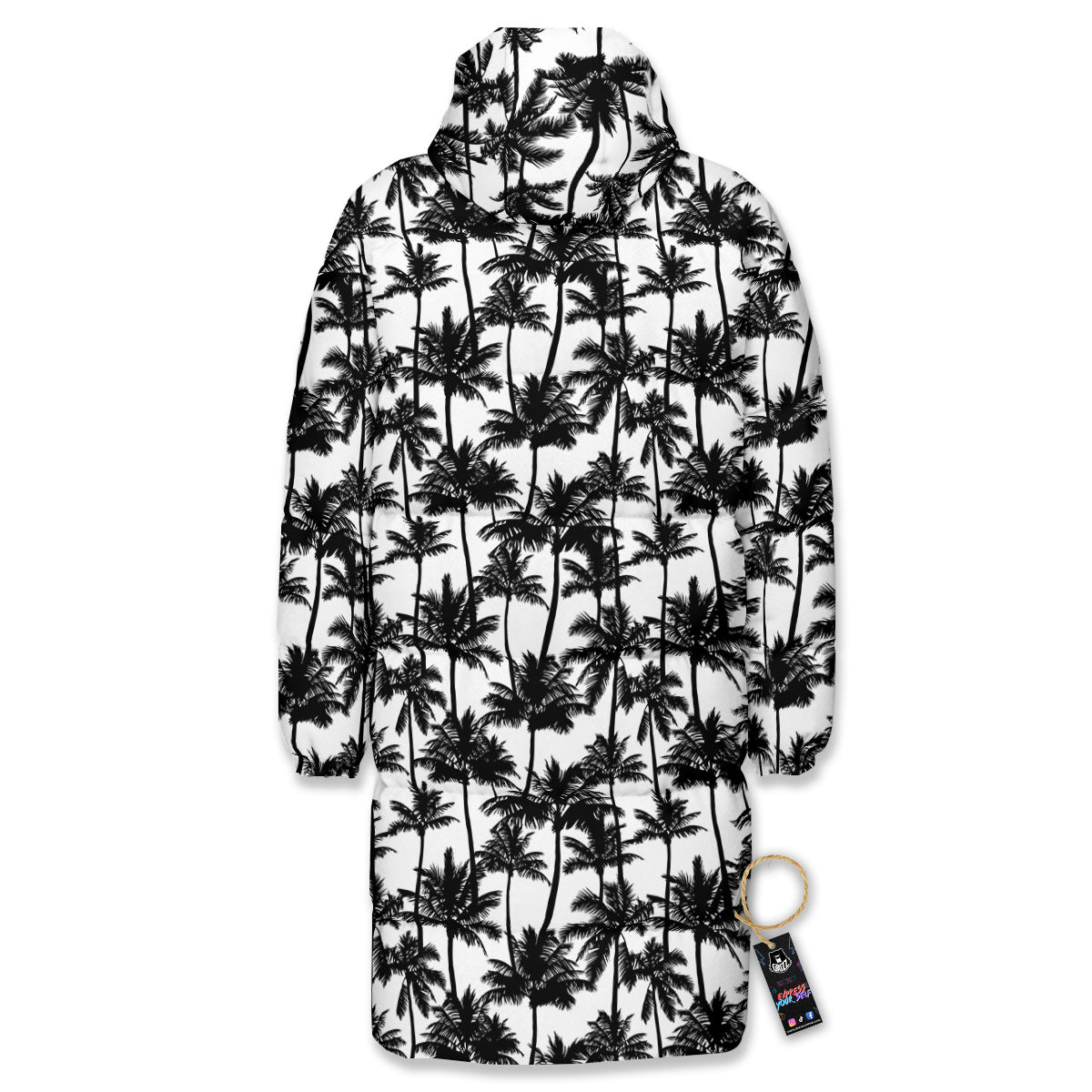 Palm Tree Black White Print Pattern Long Down Jacket-grizzshop