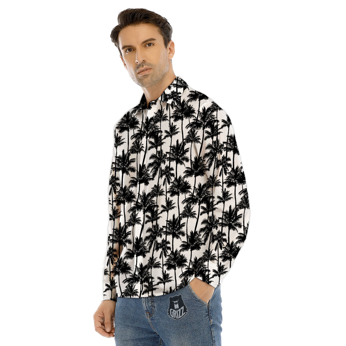 Palm Tree Black White Print Pattern Men's Dress Shirts-grizzshop