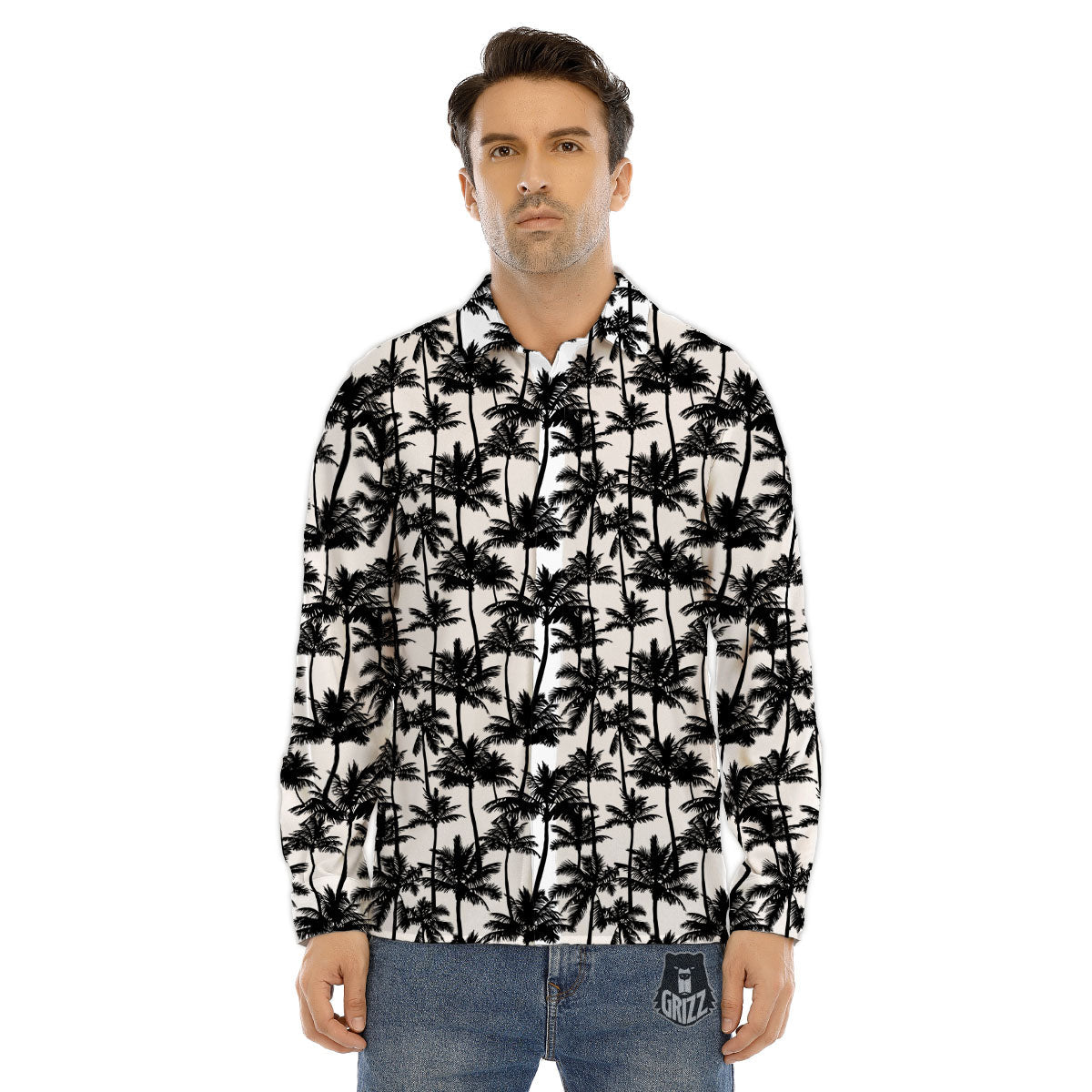 Palm Tree Black White Print Pattern Men's Dress Shirts-grizzshop