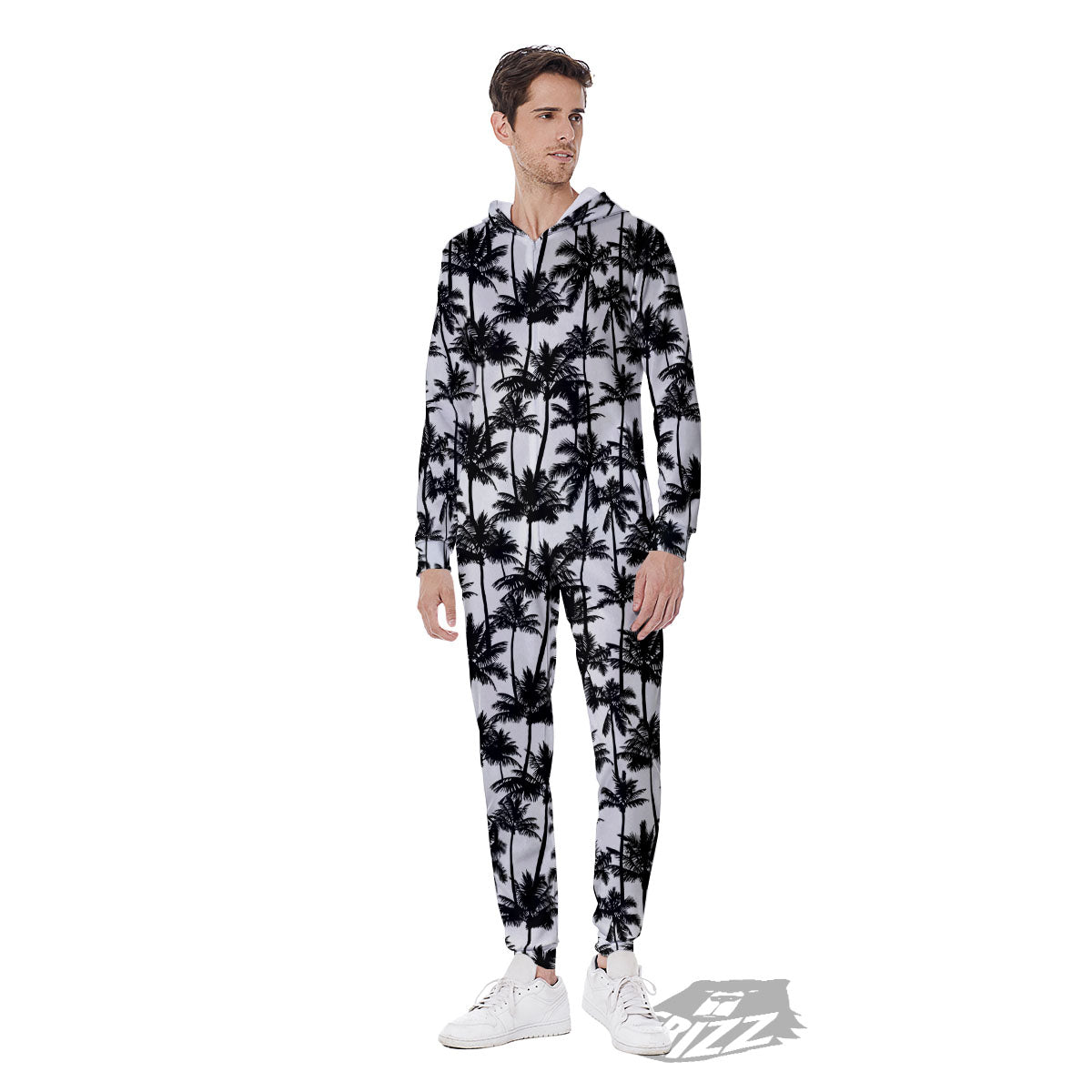 Palm Tree Black White Print Pattern Men's Jumpsuit-grizzshop