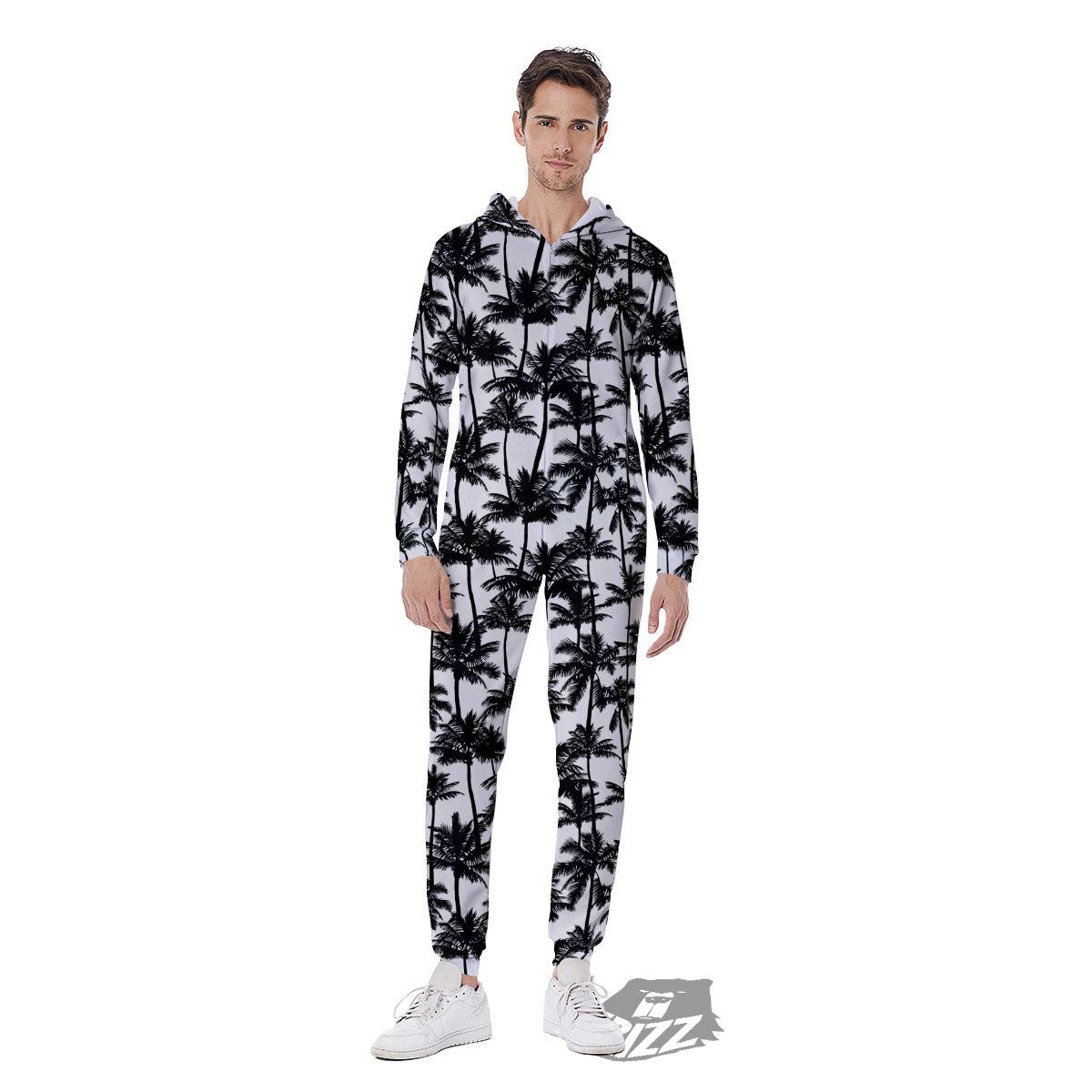 Palm Tree Black White Print Pattern Men's Jumpsuit-grizzshop