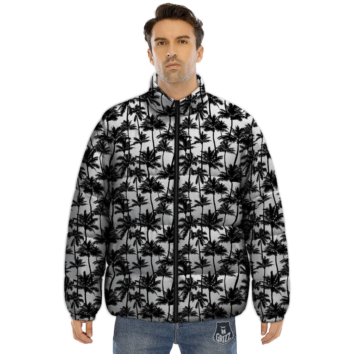 Palm Tree Black White Print Pattern Puffer Jacket-grizzshop