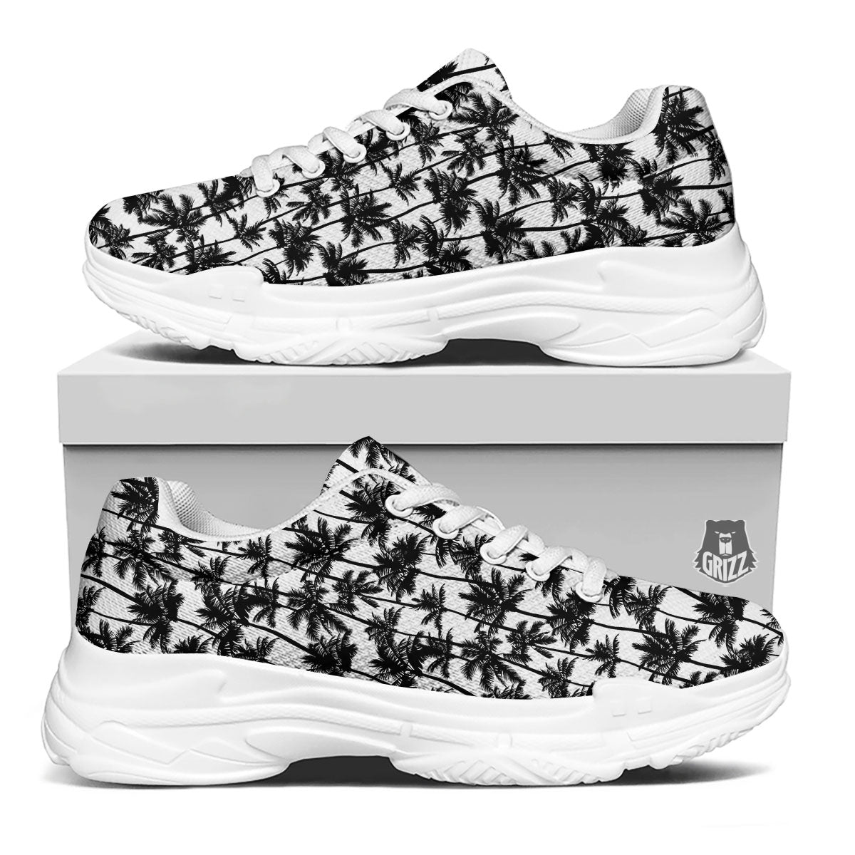 Palm Tree Black White Print Pattern White Chunky Shoes-grizzshop