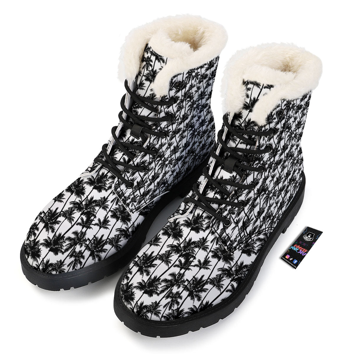 Palm Tree Black White Print Pattern Winter Boots-grizzshop
