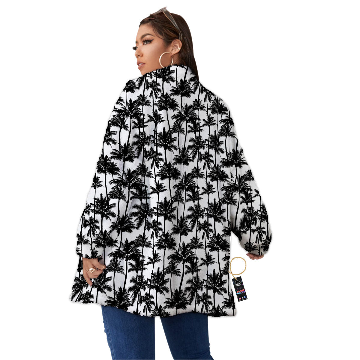 Palm Tree Black White Print Pattern Women's Sherpa Jacket-grizzshop