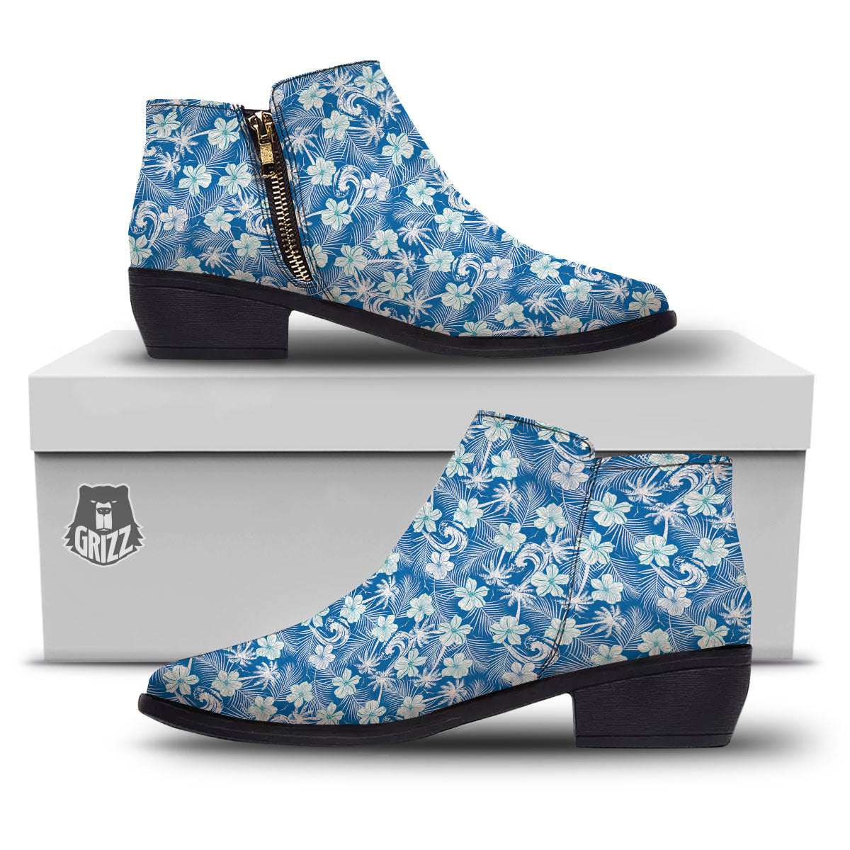 Palm Tree Blue Hibiscus Print Pattern Ankle Boots-grizzshop