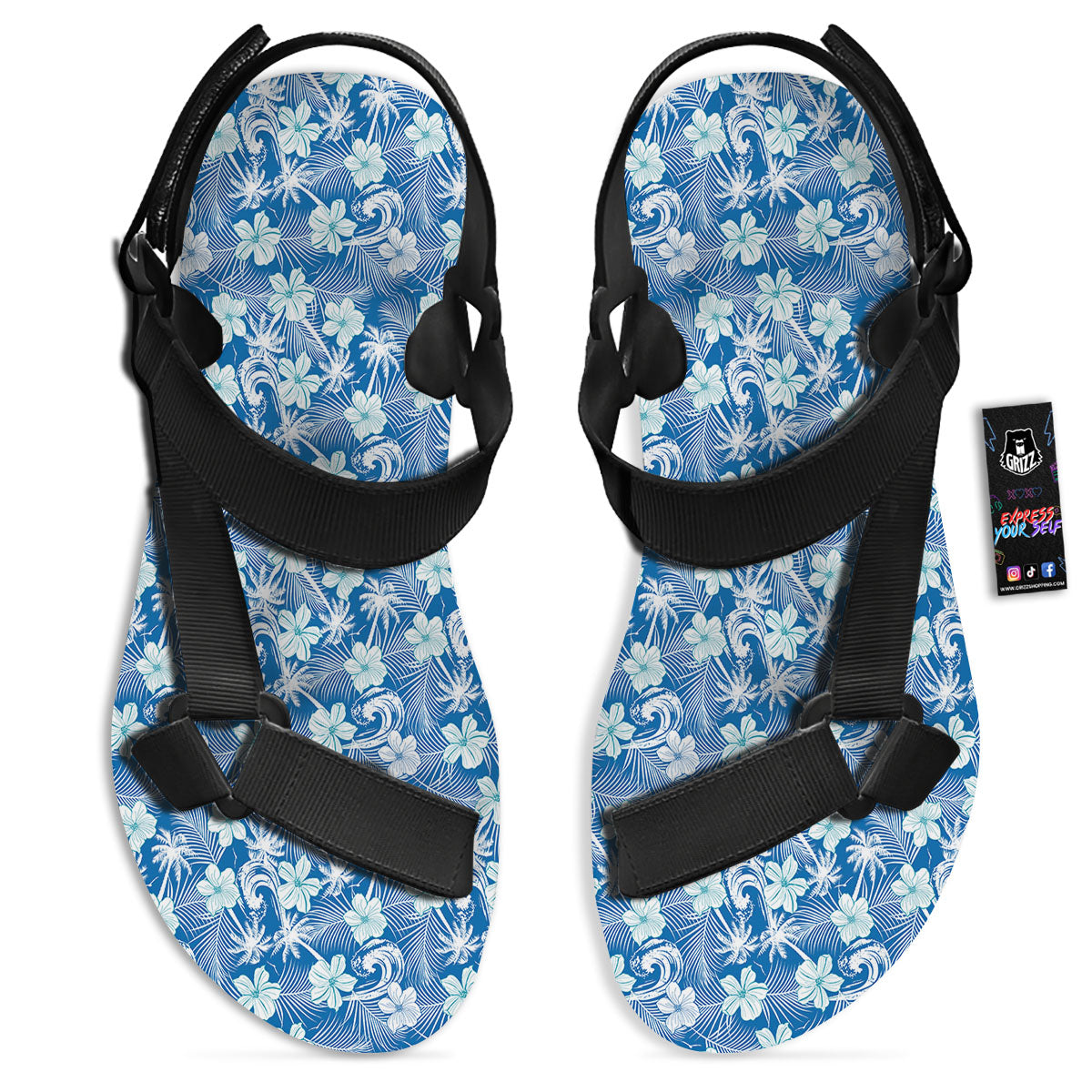 Palm Tree Blue Hibiscus Print Pattern Black Open Toe Sandals-grizzshop