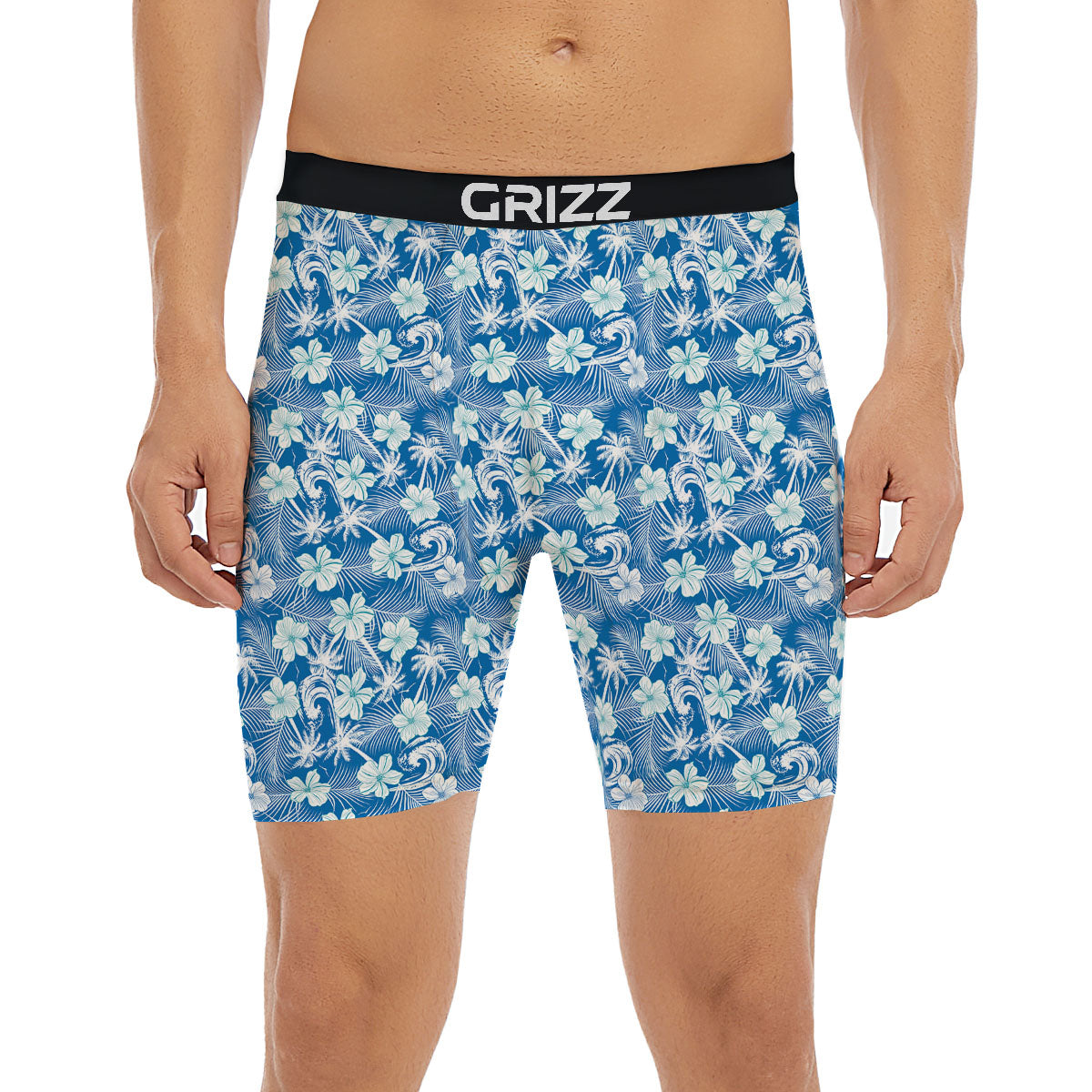 Palm Tree Blue Hibiscus Print Pattern Boxer Briefs-grizzshop