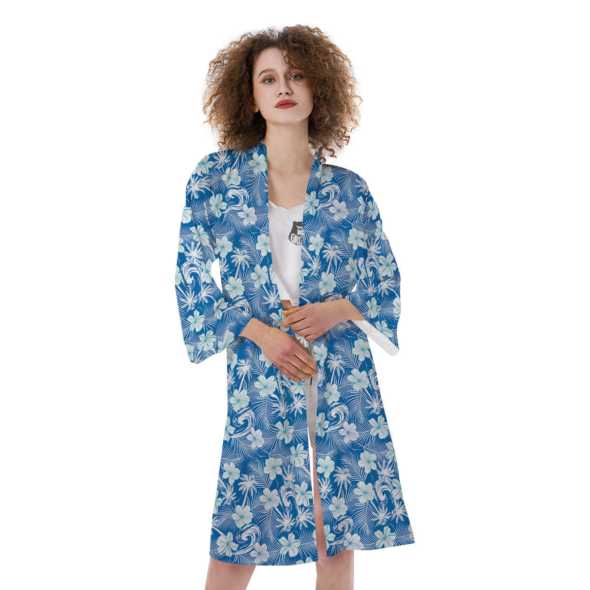 Palm Tree Blue Hibiscus Print Pattern Kimono-grizzshop