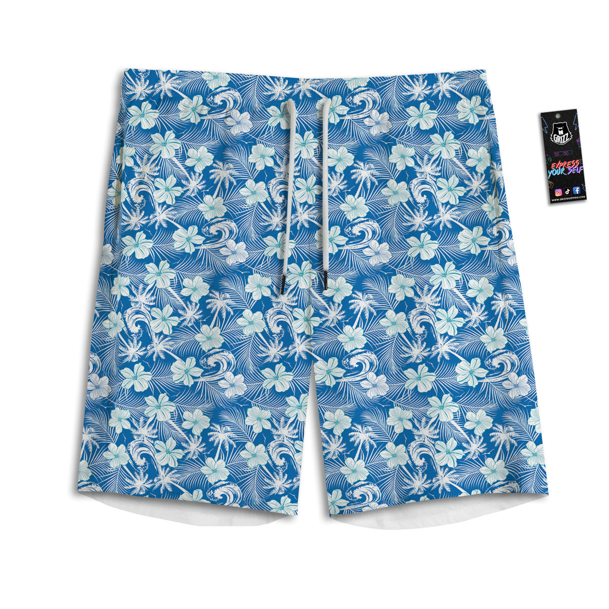 Palm Tree Blue Hibiscus Print Pattern Men's Athletic Shorts