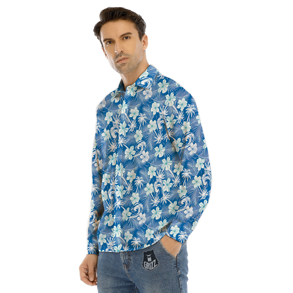 Palm Tree Blue Hibiscus Print Pattern Men's Dress Shirts-grizzshop